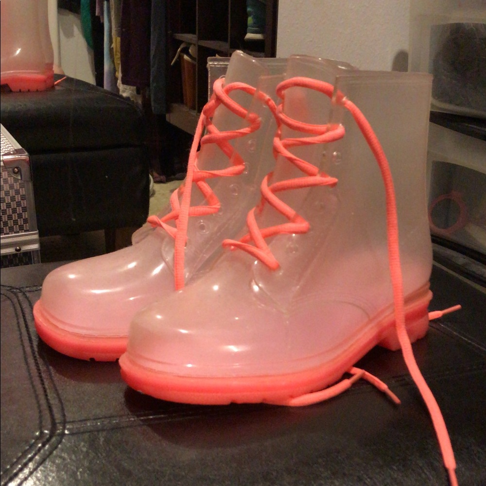 Transparent/pink rain boots size 8